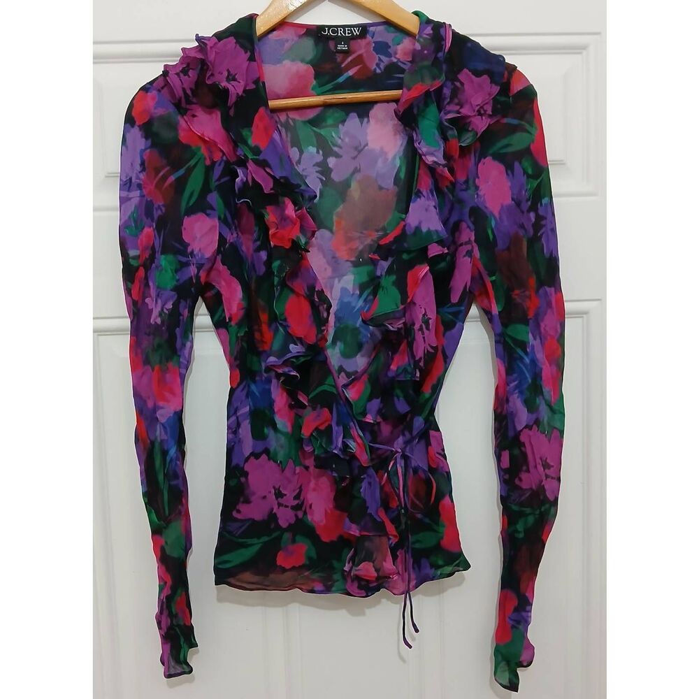 J.crew womens size 6 viscose silk small wrap blouse purple green floral shirt